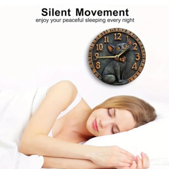 NIB! Adorable Black Cat with Orange Bow Tie Clock! - Picture 3 of 6